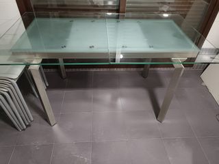 Mesa cristal y aluminio + 6 sillas