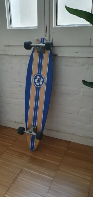 Longboard con diseño de rayas azules y flor