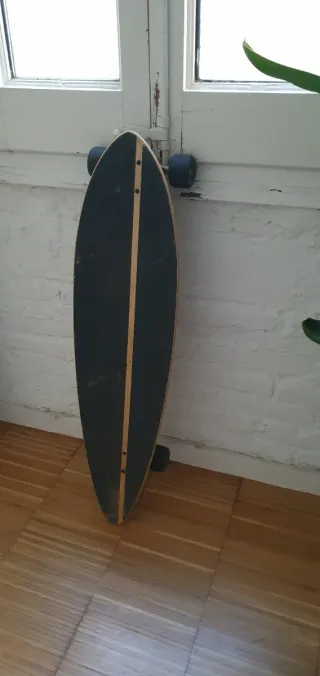 Longboard con diseño de rayas azules y flor