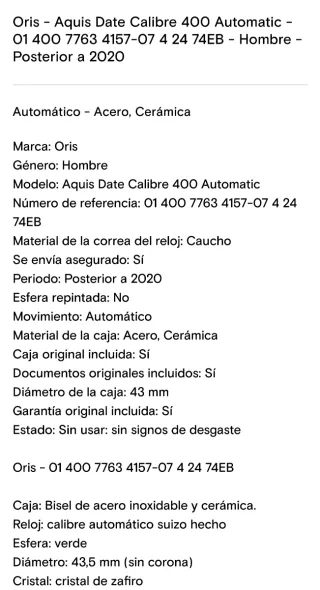 Oris Aquis Calibre 400 Verde - TOTALMENTE NUEVO