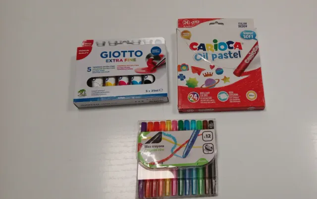 Tempere Giotto, pastelli a cera e penne a cera