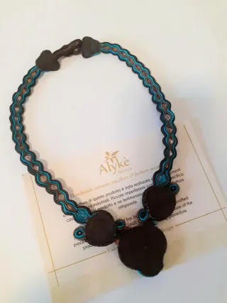 Collana Alyke soutache marrone, oro e turchese