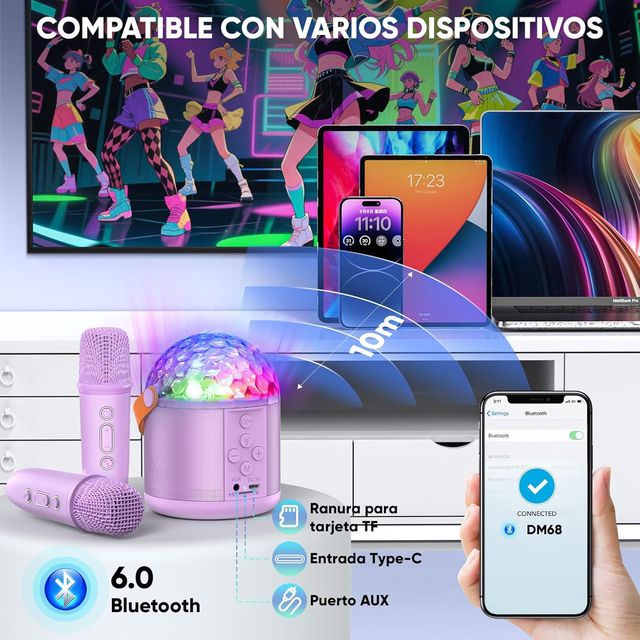 MICROFONO KARAOKE LUCES LED Y 2 MICROFONOS