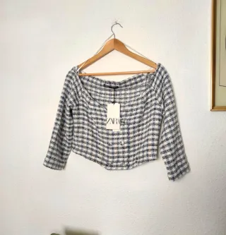 Top Blusa cuadros manga 3/4 ZARA tweed algodón