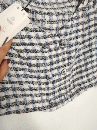 Top Blusa cuadros manga 3/4 ZARA tweed algodón