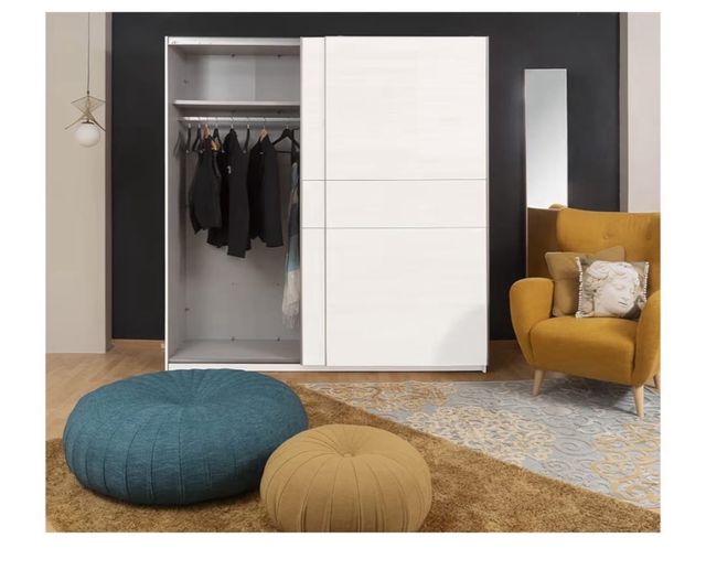 Homely | Armario de Portas Corrediças Winter 200 | Acabamento Laminado Sintético Branco Fosco com Faixa Central Reversivel em Branco ou Carvalho | Medidas 200x62. Altura 210 cm. | Design Funcional