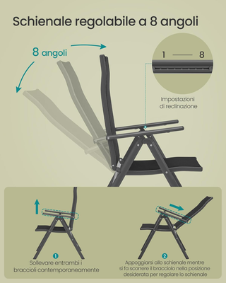 Sedia da giardino, pieghevole, set di 2, con telai