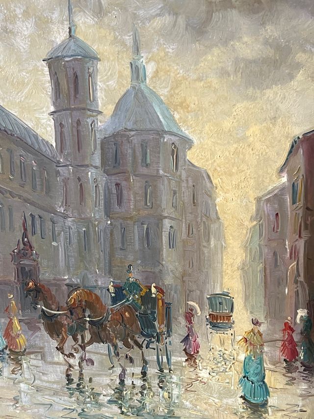 Óleo Lienzo Calle Lluviosa Carruaje Figuras
