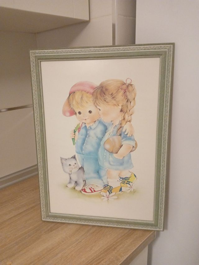 Cuadro lamina niños marco madera nuevo