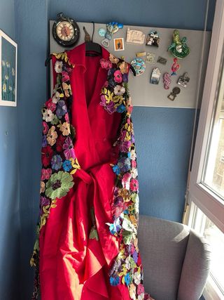 Chaleco-capa tul bordado flores multicolor