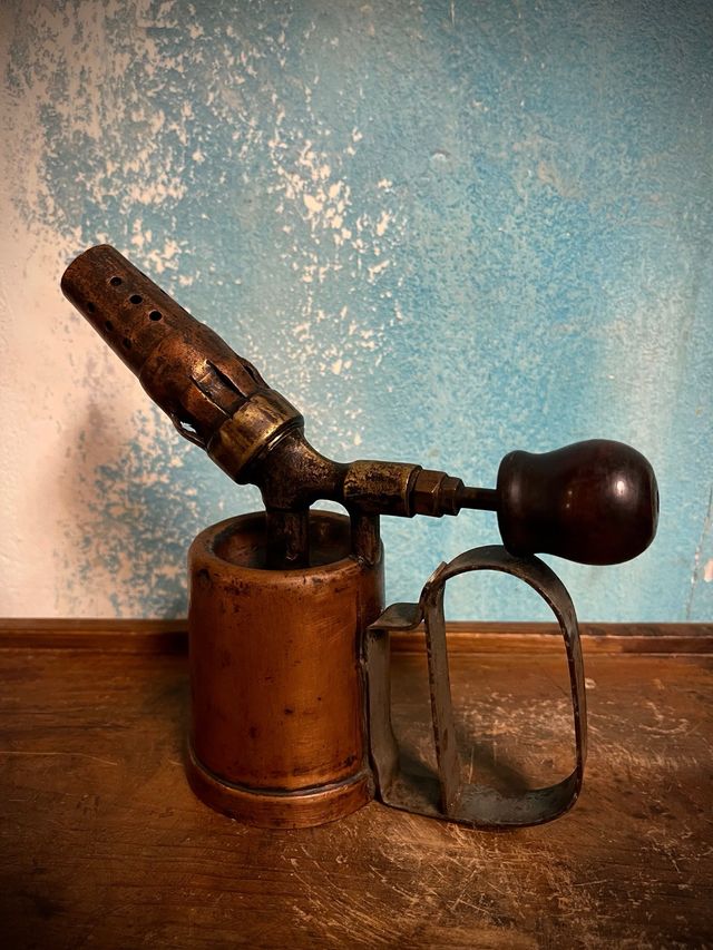 Soplete Antiguo de Latón cobre y Madera