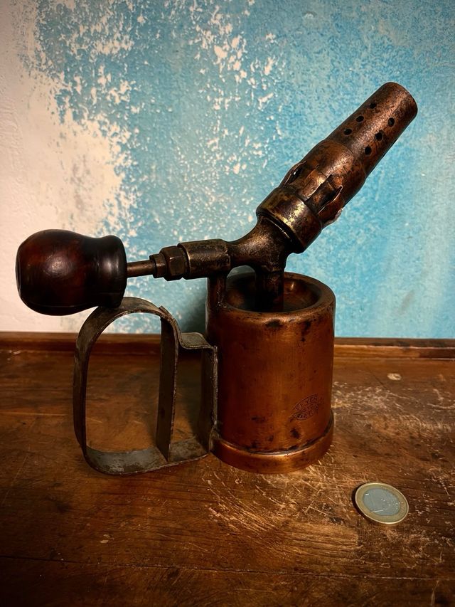 Soplete Antiguo de Latón cobre y Madera
