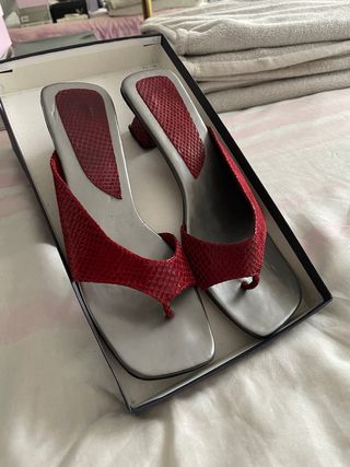 Sandalias rojas y plateadas