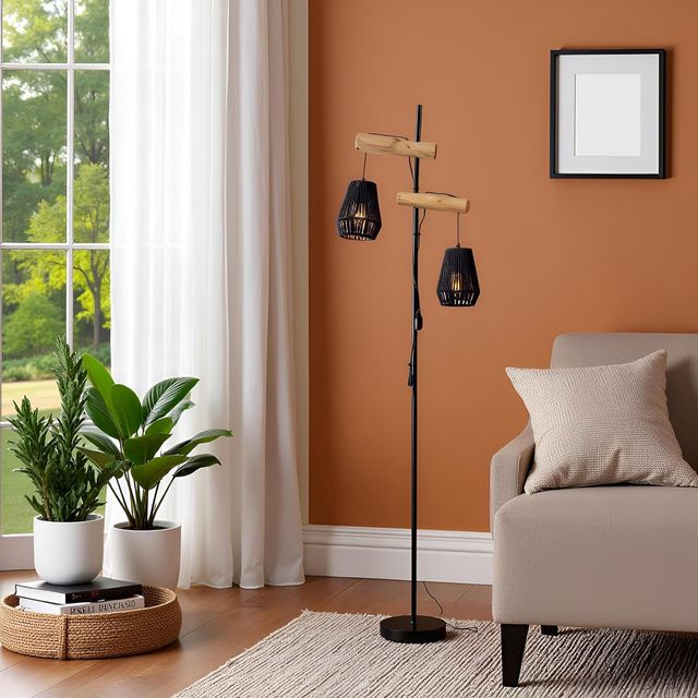 Lâmpada de pé moderna em madeira e vime