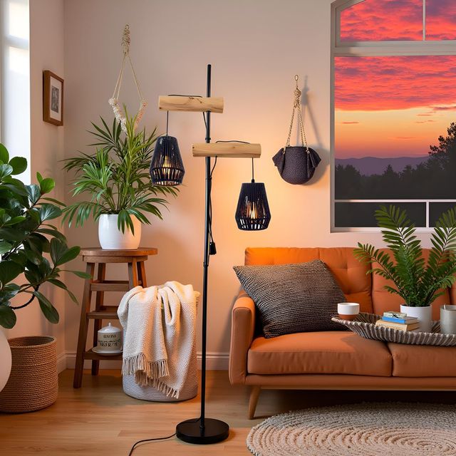 Lâmpada de pé moderna em madeira e vime