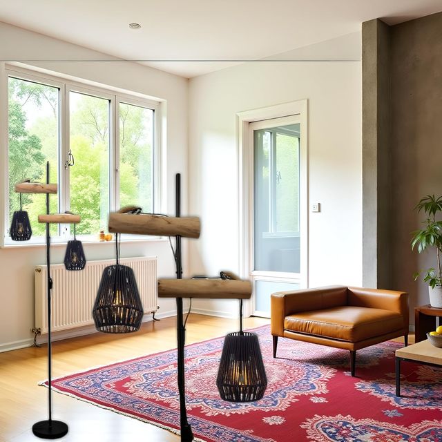 Lâmpada de pé moderna em madeira e vime