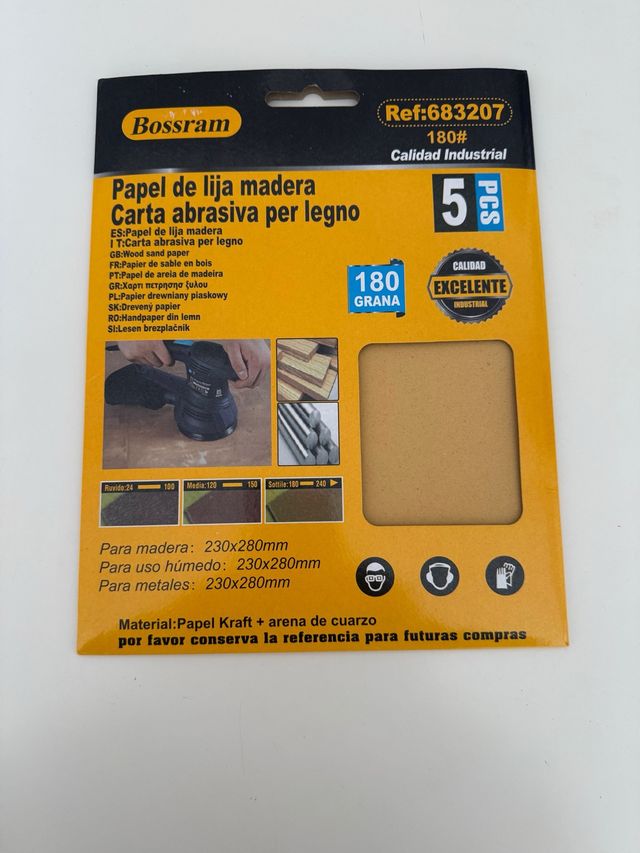 Lote 5 hojas lija grano 180 Bossram