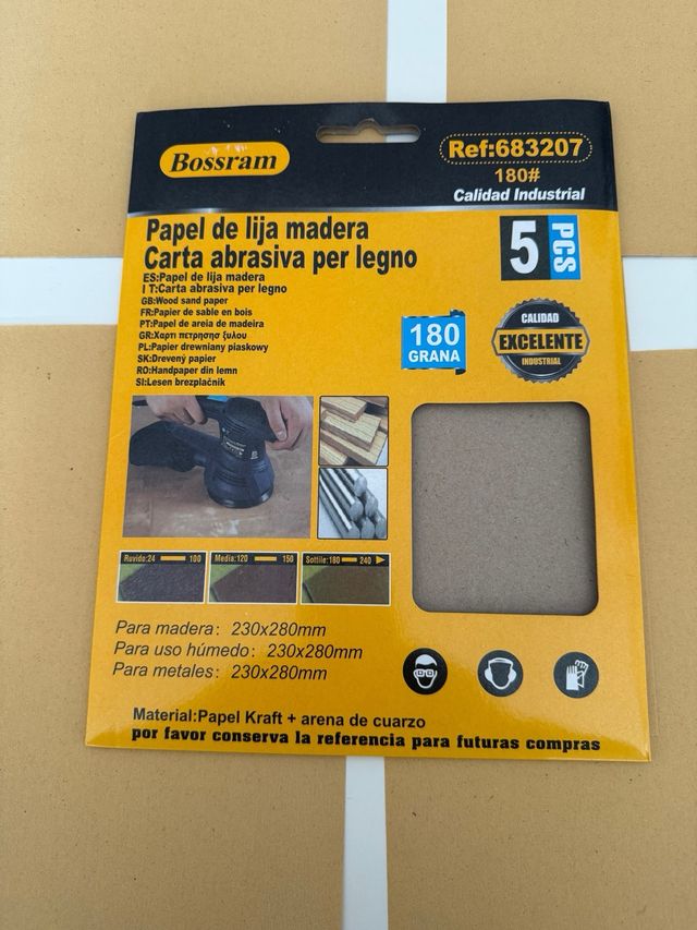 Lote 5 hojas lija grano 180 Bossram