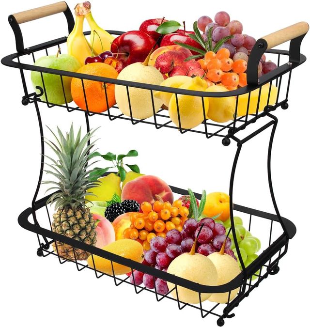 Cesta de frutas de 2 níveis em metal e madeira