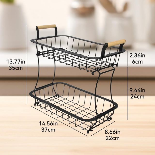 Cesta de frutas de 2 níveis em metal e madeira