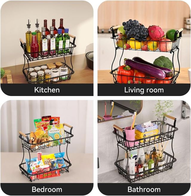 Cesta de frutas de 2 níveis em metal e madeira