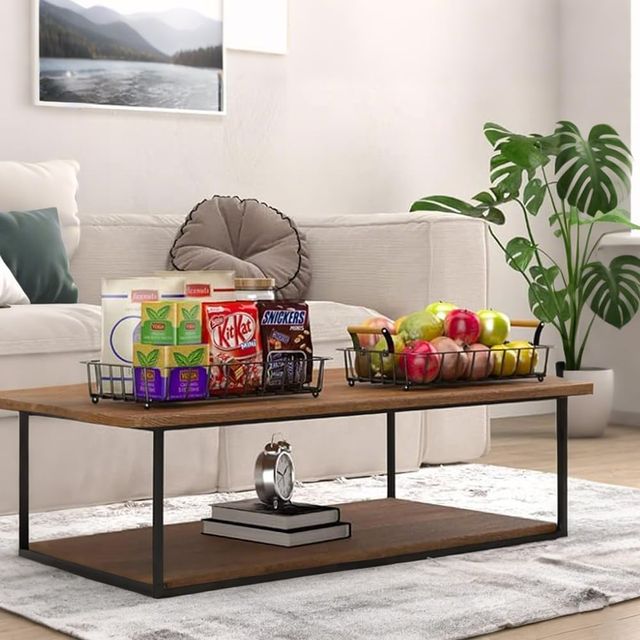 Cesta de frutas de 2 níveis em metal e madeira