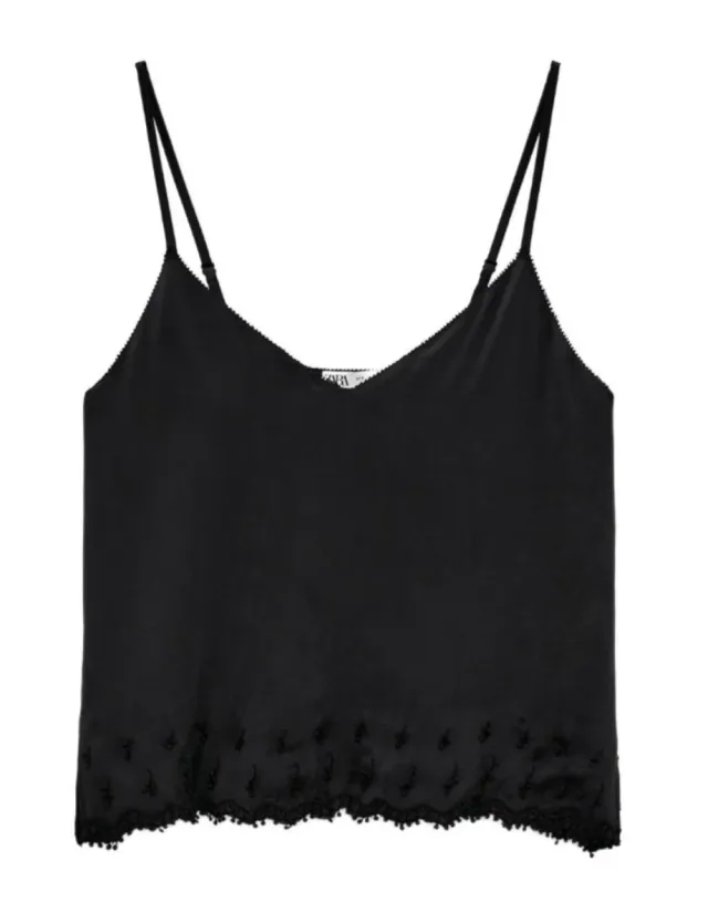 Top Zara Satén Tirantes Bordados Negro