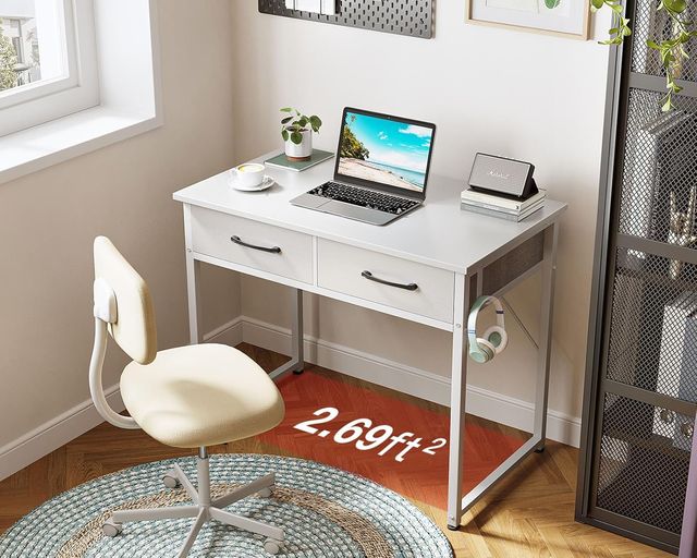 Escritório Branco com 2 Gavetas e Suporte Metálico