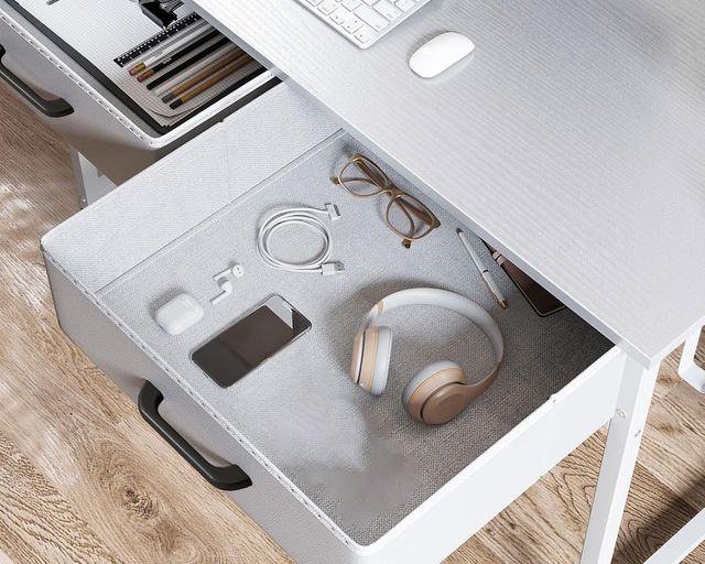 Escritório Branco com 2 Gavetas e Suporte Metálico