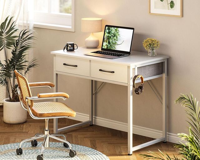 Escritório Branco com 2 Gavetas e Suporte Metálico