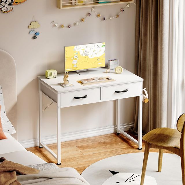 Escritório Branco com 2 Gavetas e Suporte Metálico