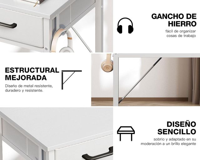 Escritório Branco com 2 Gavetas e Suporte Metálico