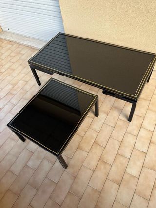 Coppia tavolini Pierre Vandel vetro nero oro