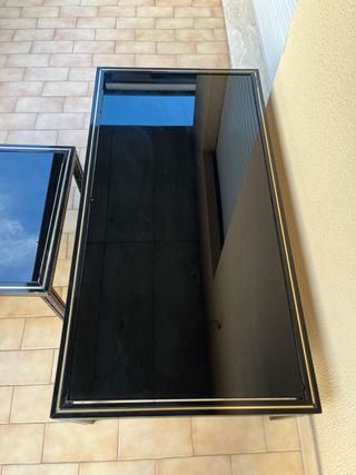 Coppia tavolini Pierre Vandel vetro nero oro