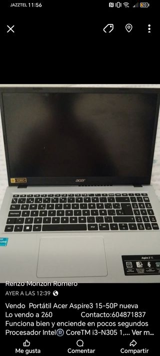 Portátil Acer Aspire3 15-50P Intel i3 Cantabria