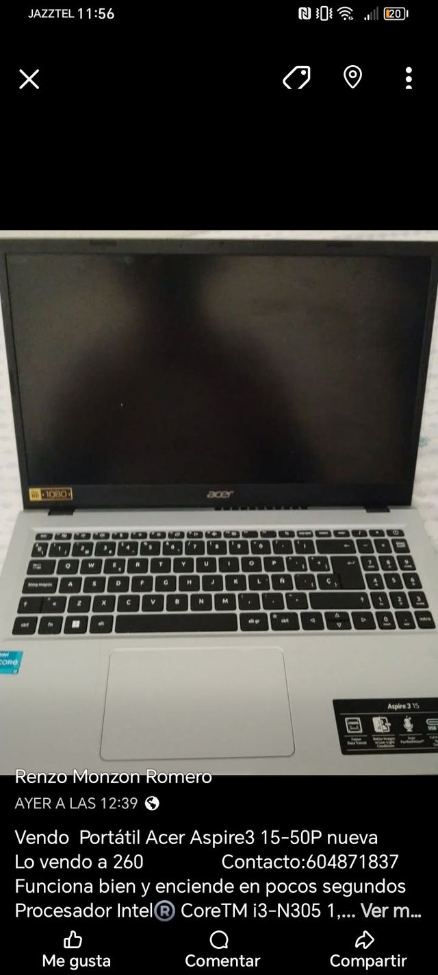 Portátil Acer Aspire3 15-50P Intel i3 Cantabria