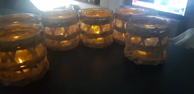 PORTAVELAS cristal y mimbre (Set de 6)