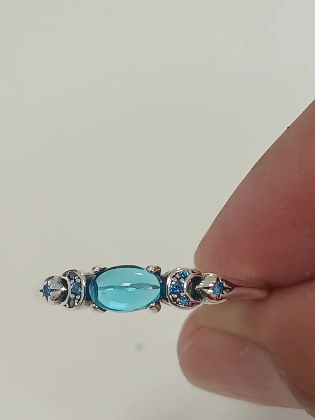 Anel Prata Zircônia Turquesa Lua Estrela