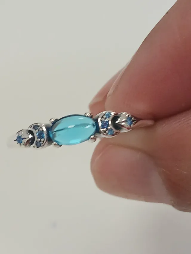 Anel Prata Zircônia Turquesa Lua Estrela