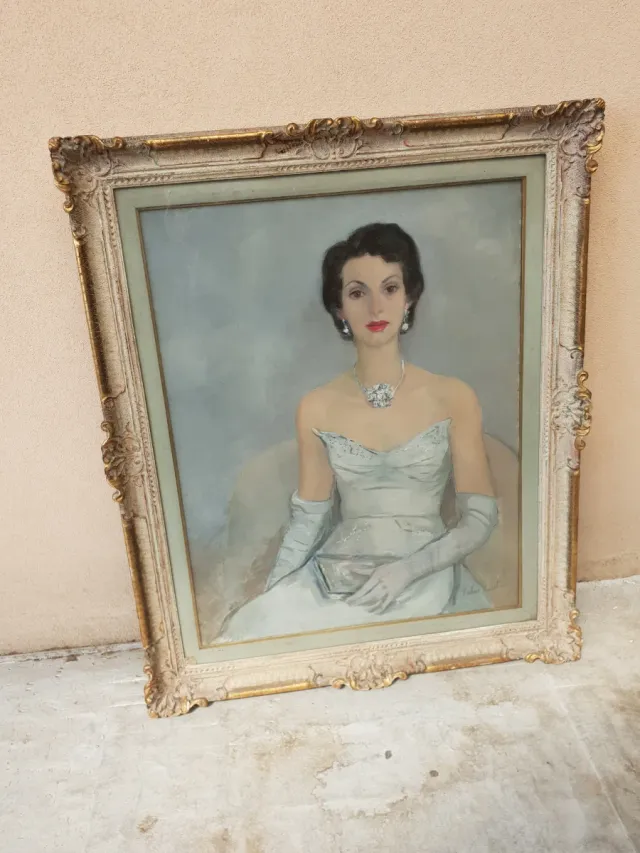 Antico Ritratto Donna Olio Su Tela