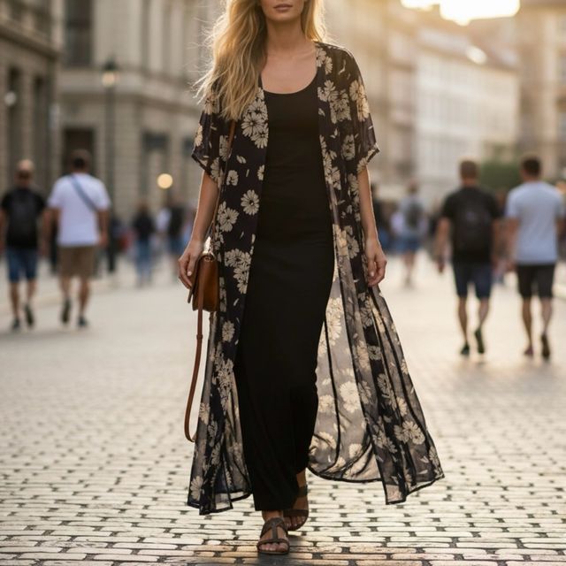 Talla L - Kimono floral y vestido negro