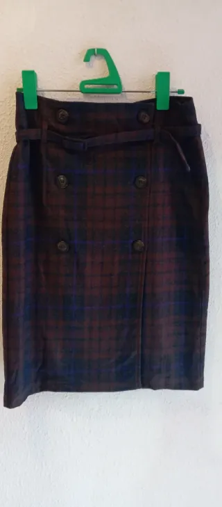 Falda lana Benetton cuadros marrón y morado