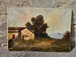 Quadro antico olio su tela paesaggio montagna
