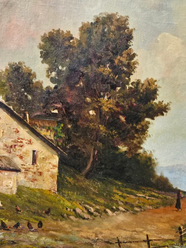 Quadro antico olio su tela paesaggio montagna