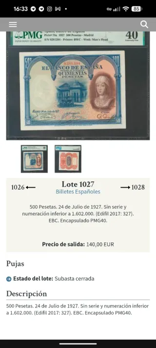 Billete sin serie 500 Pesetas Banco de España 1927