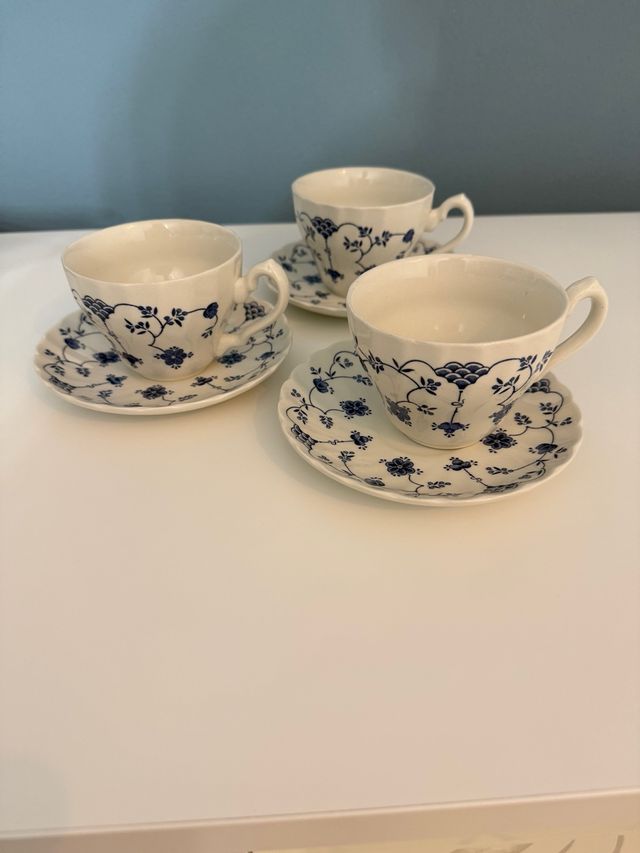 Set 3 Tazze da Tè Porcellana Blu + 3 piattini