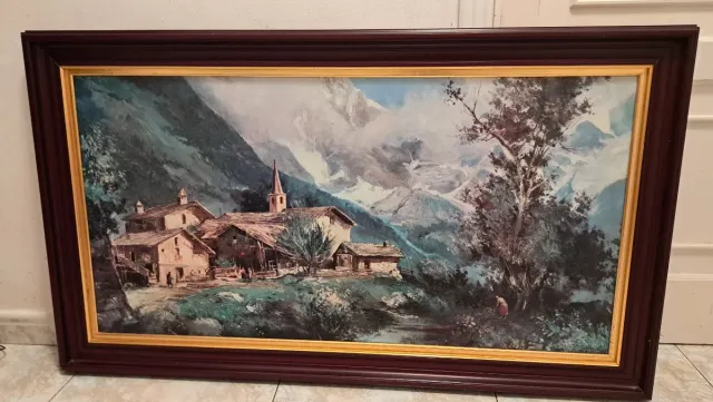 Cuadro paisaje montaña pueblo madera