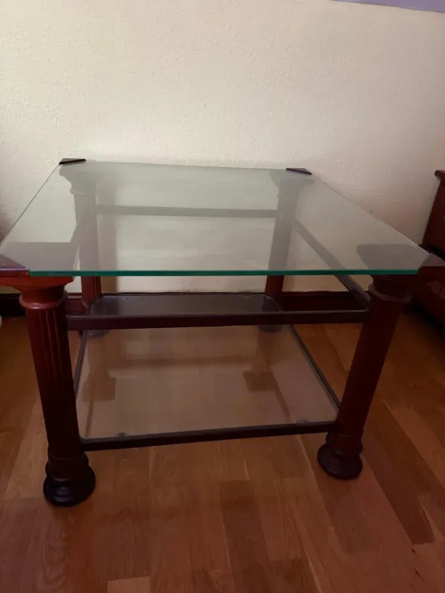 Juego 2 mesas centro/auxiliar cristal y madera