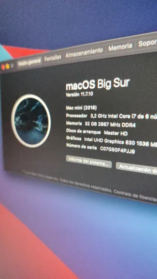 Mac mini 2018. i7 3'2 ghz 32 gb 2 tb. Gris oscuro.