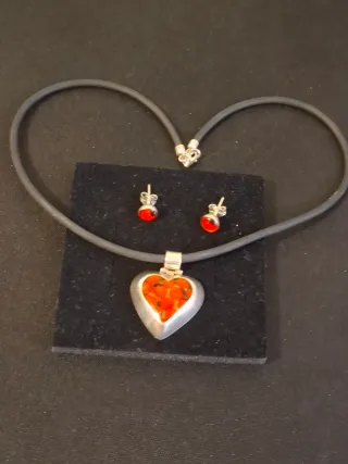 Conjunto Plata Ley 925 Corazón Rojo